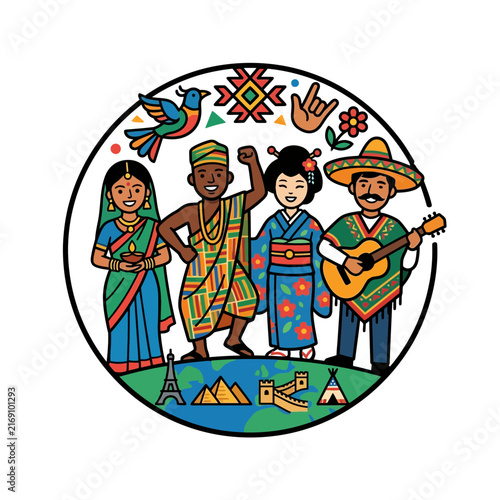A vibrant illustration celebrating global diversity and people from various culture groups in traditional attire, promoting international unity and