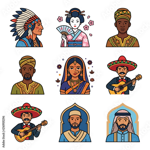 A colorful collection of diverse people representing global culture through ethnic characters in traditional clothing and heritage costumes.