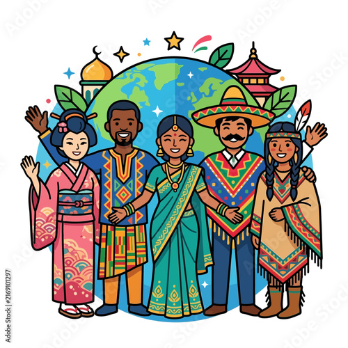 A group of people celebrating global diversity, unity, and multicultural friendship in front of a world globe.
