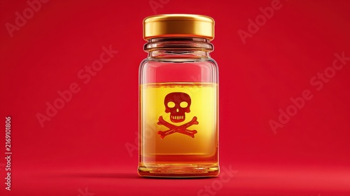 Glass vial containing liquid with skull and crossbones symbol on red