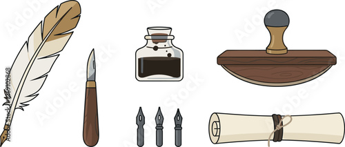 Bild auf Leinwand Vintage Calligraphy and Retro Writing Tools Vector Illustration Set with Quill P