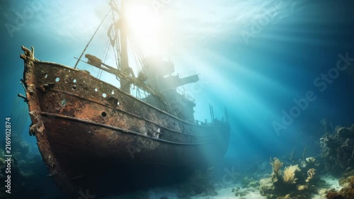 Underwater video of a sunken shipwreck, captured from a low angle. Sunlight filters through water, illuminating coral and marine life. Live desktop wallpaper.