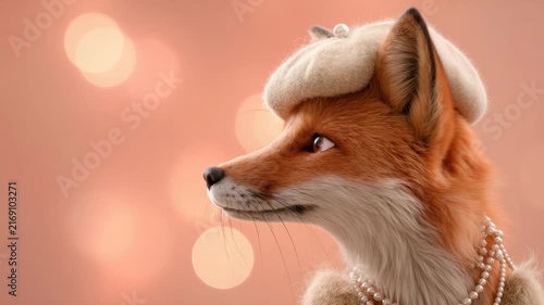 A stylish fox in pearls and a beret, side profile. Elegant, cinematic video style. Live desktop wallpaper.
