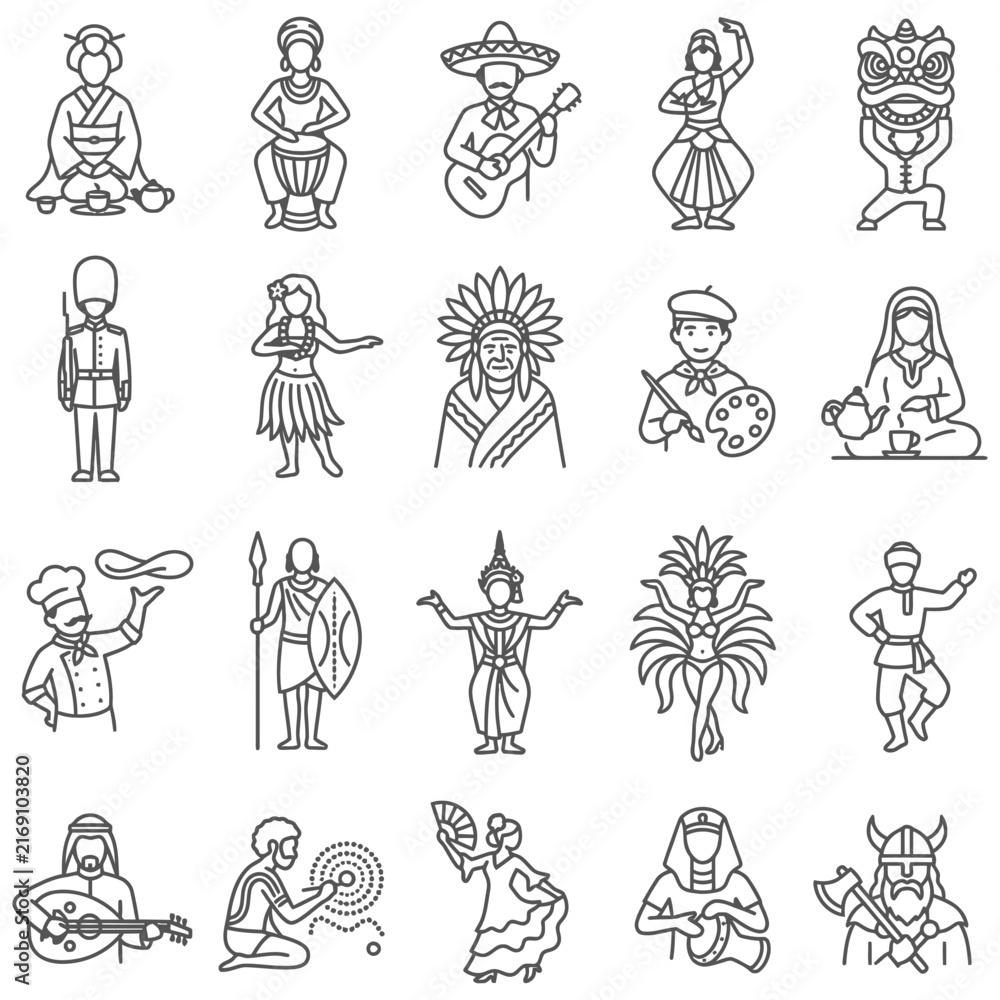 Fototapeta premium A collection of diversity icons representing traditional costumes and multicultural people from world cultures and cultural heritage across the globe.