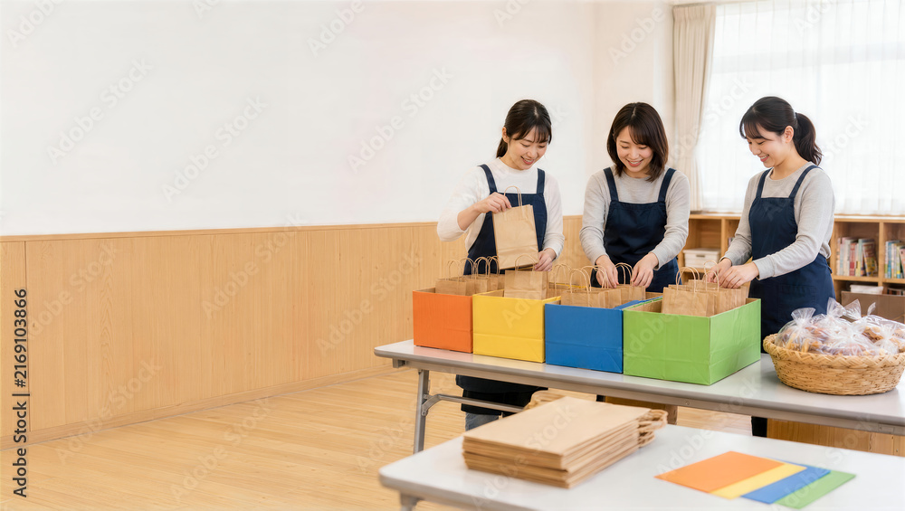 Fototapeta premium 学校施設で女性ボランティアがハロウィンの配布袋を準備する