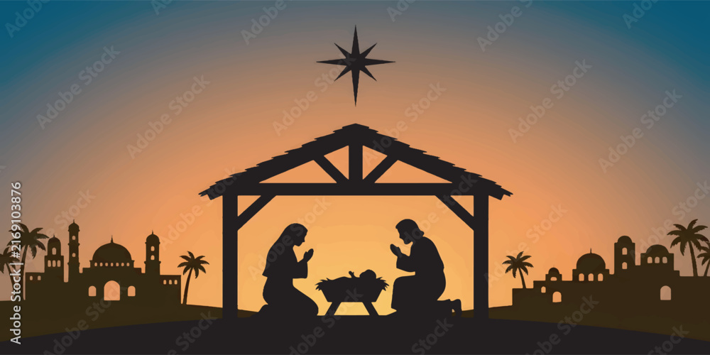 Fototapeta premium Nativity Scene Silhouette at Sunset with Bethlehem Skyline.