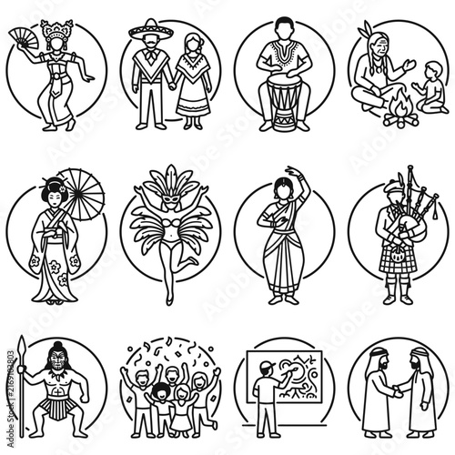 Collection of line art icons depicting cultural diversity and traditional costumes, showcasing global people, world heritage, and unique ethnic