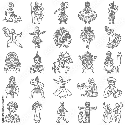 Comprehensive collection of traditional costume sketches showcasing cultural diversity and global heritage through various folk dress and hand-drawn