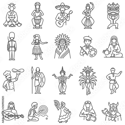 A collection of diversity icons representing traditional costumes and multicultural people from world cultures and cultural heritage across the globe.