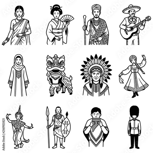 Diverse collection of world cultures and international people showcasing ethnic diversity and cultural heritage in various traditional costumes.