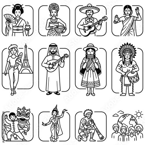 Hand-drawn collection representing traditional clothing and diverse cultures to celebrate global diversity with ethnic costumes in a multicultural