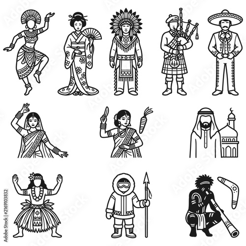 Multicultural icons showcasing world cultures and global heritage through traditional attire and traditional costumes in a black and white line art