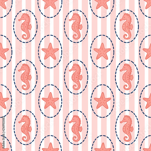 Charming nautical pattern featuring seahorse and starfish illustrations on a pastel pink and white striped seamless background.