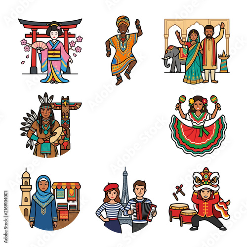 Explore this Global collection of Diverse People showcasing their unique Culture and Heritage through Traditional clothing and national symbols.