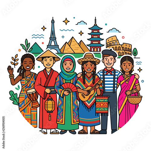 Illustration of multicultural diversity showcasing people with global landmarks celebrating world unity and traditional cultures in harmony.