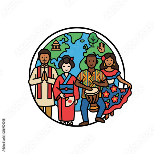Diverse people from various culture backgrounds standing together in front of the world globe representing global diversity and international unity.