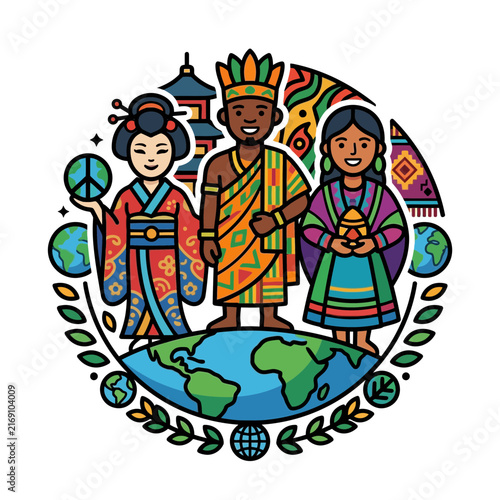 Vibrant Illustration Celebrating Global Diversity and Culture with Diverse People Standing on a Globe for Unity and World Peace