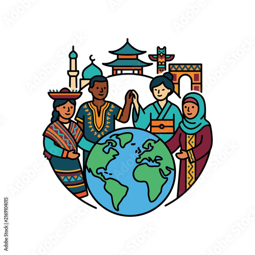 A celebration of global unity and multicultural harmony with diverse people standing around a world globe and landmarks.