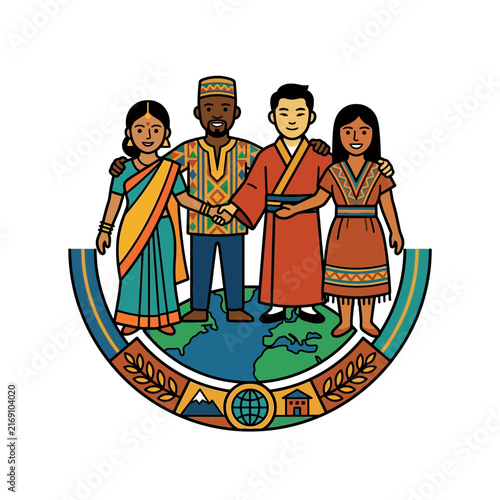 A multicultural diversity group showcasing global unity and international cooperation while standing on the earth globe in traditional attire.