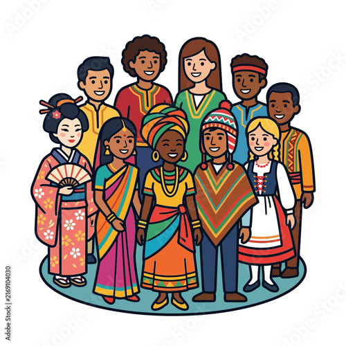 Diversity - A diverse group of multicultural people wearing traditional clothing to celebrate global culture and unity in a colorful illustration.