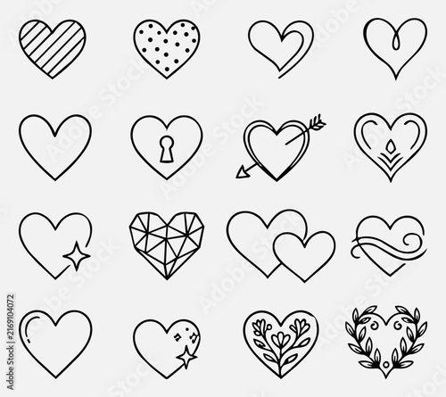 Heart Icons Set Love Romantic Symbols Line Art Vector Illustration Isolated