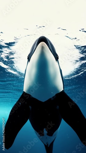 A stunning underwater video still of an orca swimming upwards, captured from a low angle, showcasing its sleek form against a deep blue ocean backdrop. Live mobile wallpaper.