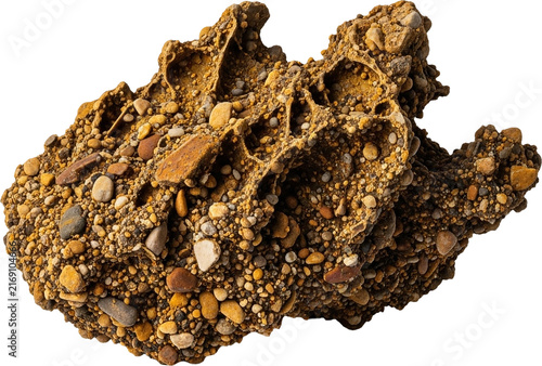 Rusty iron concretion with embedded pebbles and sand