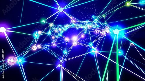 Aerial view of a digital network with glowing neon lines and nodes on a dark background, resembling a futuristic video game interface. Live desktop wallpaper.