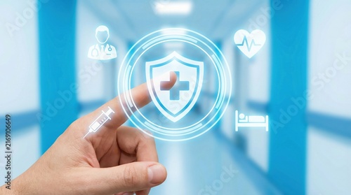 AI digital health insurance policy medical cloud services concept with hand pointing on shield icon and medical symbols