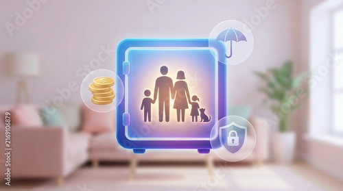 Family health insurance policy concept with ai digital cloud services protecting medical and financial security in home