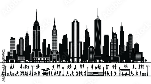 Detailed black and white silhouette of a modern city skyline with people walking on the street.