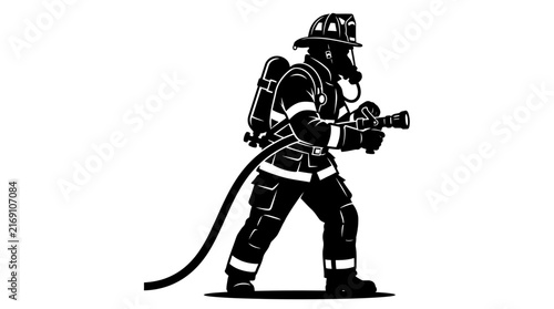 Black and white silhouette illustration of a brave firefighter holding a water hose.