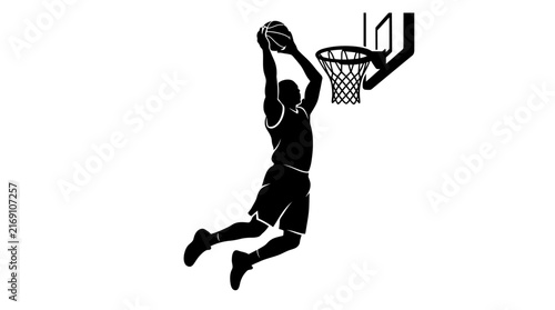 Black silhouette of a basketball player performing a powerful slam dunk into the hoop.