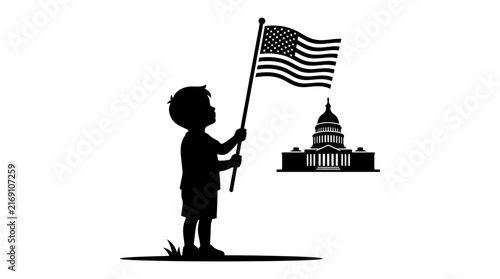 Silhouette of a young child holding an American flag in front of the Capitol building.