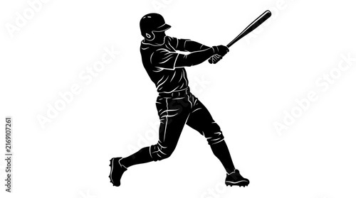 Black and white silhouette of a baseball player hitting the ball with a bat.