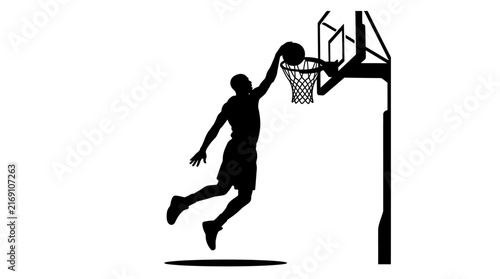 Black silhouette of a basketball player performing a powerful slam dunk into the hoop.