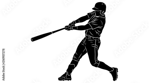 Silhouette of a baseball player swinging a bat isolated on white background.