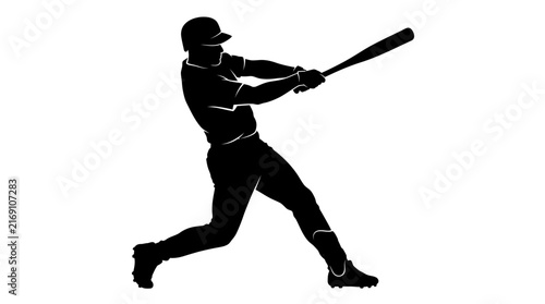 Black silhouette of a baseball player swinging a bat isolated on white background.