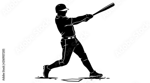 Black and white silhouette of a baseball player swinging a bat at home plate.
