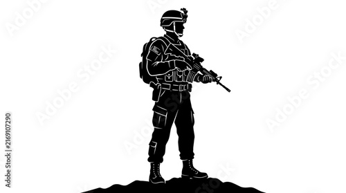 Black silhouette of a soldier standing on a hill holding a rifle.