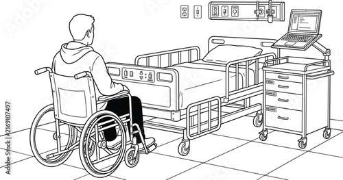 Man in wheelchair next to empty adjustable gurney bed in clinical hospital room sketch illustration