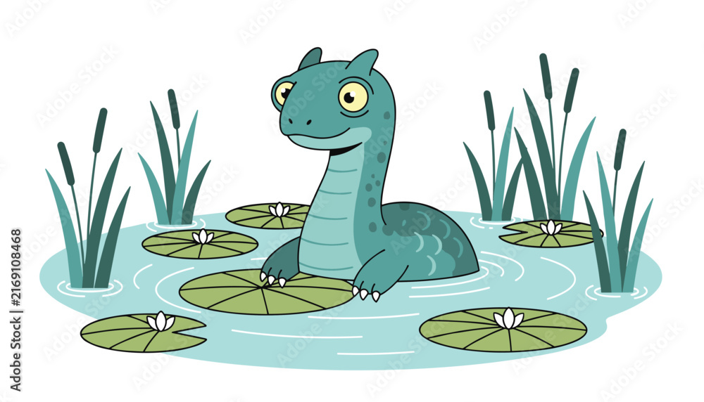 Fototapeta premium Adorable baby dinosaur swimming in a peaceful lake surrounded by green water lily pads and tall reeds.