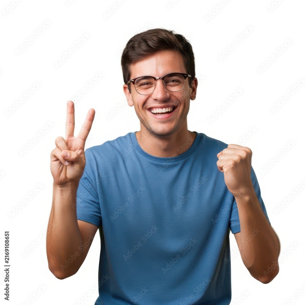 Fototapeta premium Happy young man with glasses celebrating victory and making a peace sign with his hand
