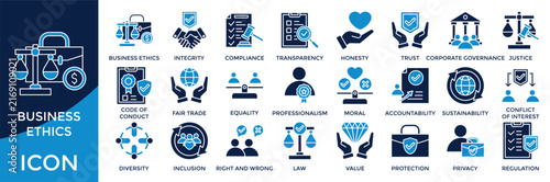 Business ethics icon set. featuring integrity, compliance, corporate governance, justice, and social responsibility in blue flat design.