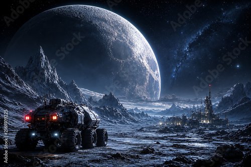 Moonlit Alien Rover Expedition, alien rover, lunar rover, moonlit expedition, space exploration, alien planet, extraterrestrial landscape, futuristic rover, planetary exploration, moon surface, cosmic