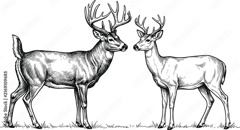 Fototapeta premium Two whitetail stags with majestic antlers standing together in field woodcut style detailed monochrome engraving illustration