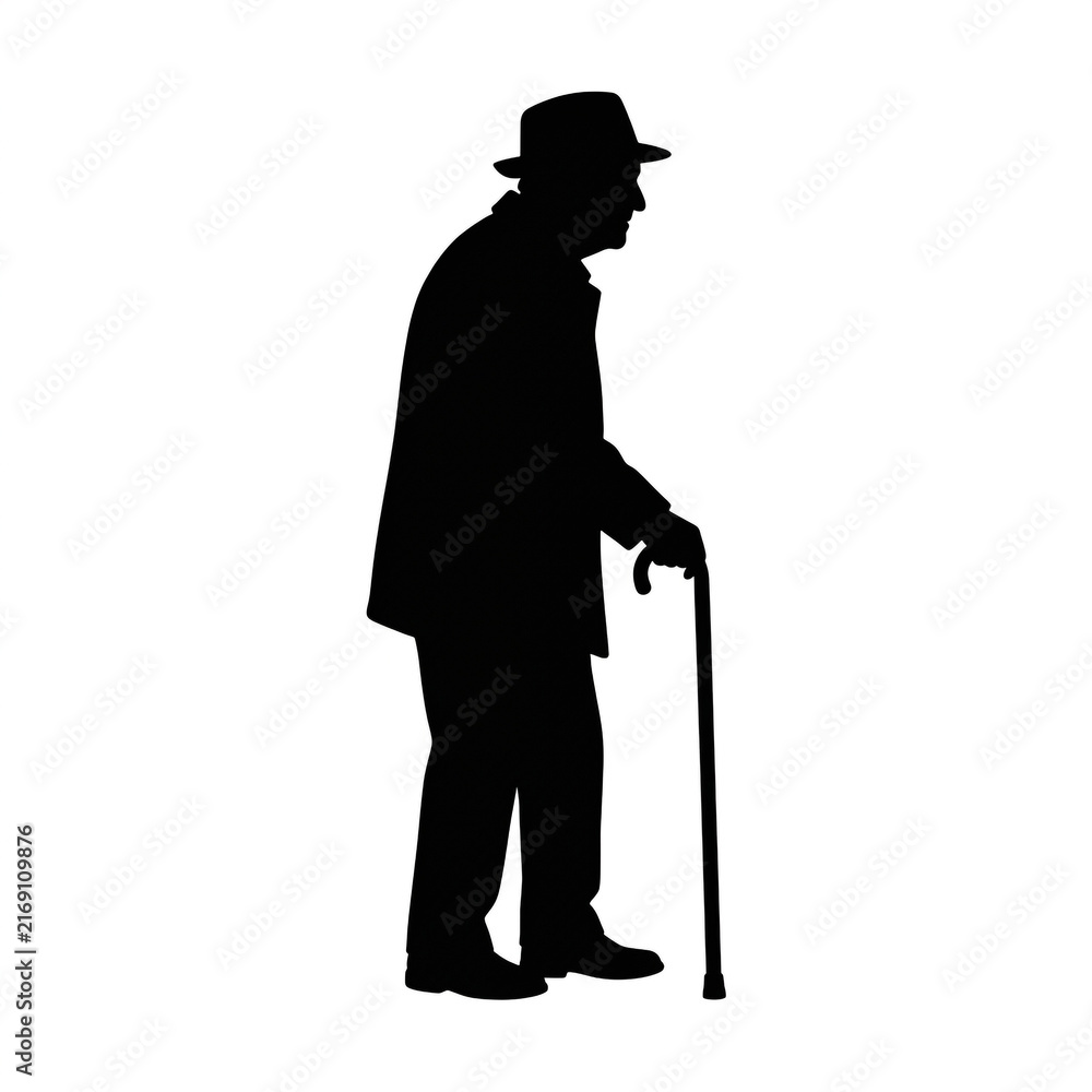 Fototapeta premium Silhouette of an elderly man wearing a hat and walking with a cane on transparent background.