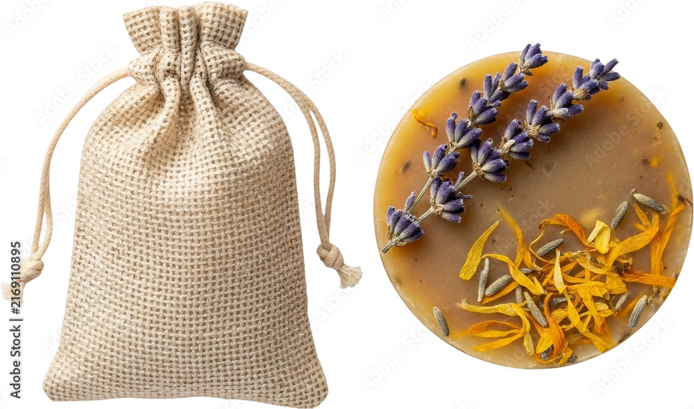 Fototapeta premium Handmade Lavender Soap in Muslin Bag