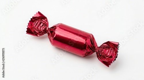 Shiny Red Wrapped Hard Candy on White Background, Sweet Treat and Celebration