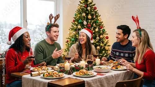 Diverse Friends Enjoying Festive Christmas Dinner with Laughter and Good Food